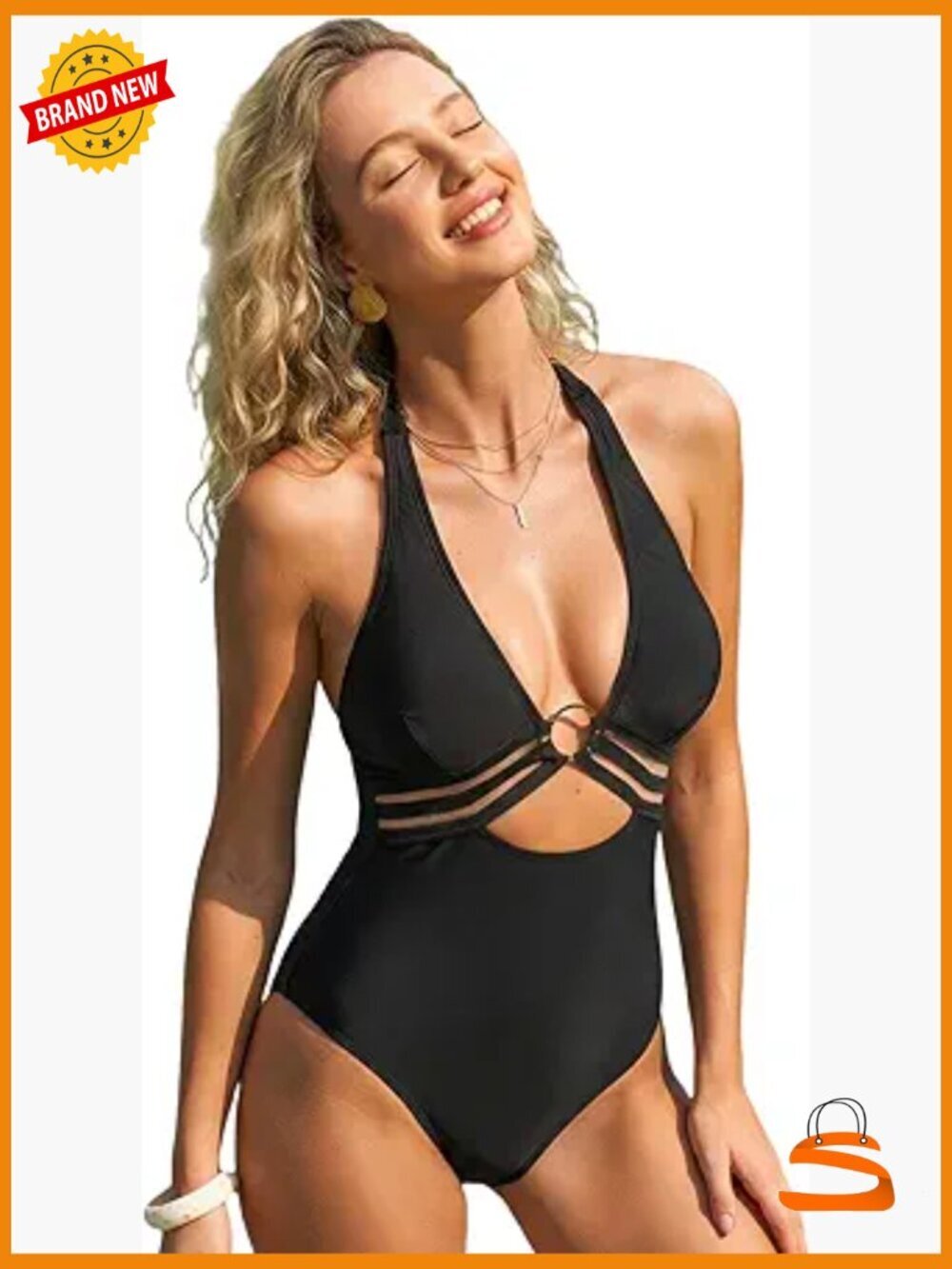 One Piece Swimsuit V Neck Halter O Ring Back Hook Cut Out Adjustable Straps